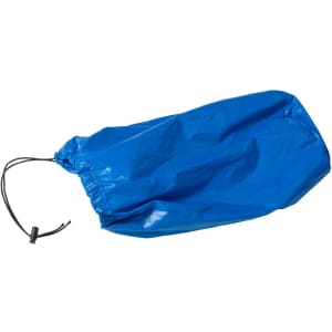 A blue drawstring bag with a cinched closure and a toggle adjuster.