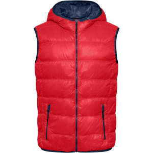 A red down vest with a navy blue interior and zippered pockets, featuring a hood and a full front zip.