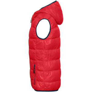 A red down vest with a hood and side pockets, featuring a contrasting navy lining. It has a logo on it.