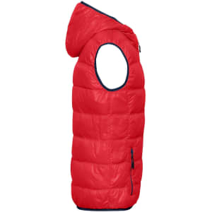 A red men's down vest with a hood, featuring a zip pocket and contrasting trim.