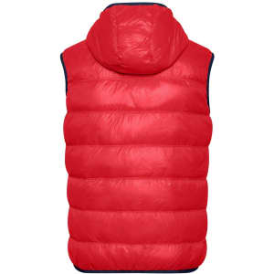 A red men's down vest with a hood, featuring a puffy design and a contrasting navy trim.
