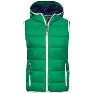 A green padded vest with a hood, featuring white zippers and a contrasting navy inner lining. It has a logo on it.