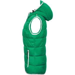 A green, sleeveless vest with a hood and zip closure, featuring a logo on the front.