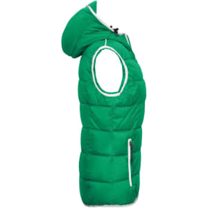 A green padded vest with a hood and zip pockets, featuring a logo. Side view displayed.