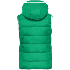 A green ladies maritime vest with a hood, featuring a puffy design and sleeveless style. It includes branding.