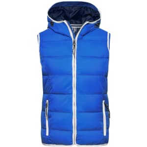A blue padded vest with a hood, featuring zippered pockets and a contrasting inner lining. It includes a logo.