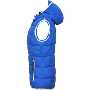 A blue ladies' vest with a hood, featuring a zip pocket and a puffy design. It has a logo on the front.