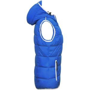 A blue padded vest with a hood and zippered front, featuring a side pocket and white detailing.