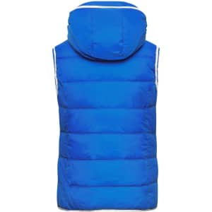 A blue ladies' vest with a hood and a padded design. It features armholes and a logo on the back.