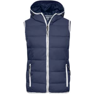 A navy vest with a hood, featuring a zip front, pockets, and a contrasting white zipper trim. Contains branding.