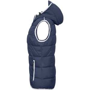 A navy-blue ladies maritime vest with a hood, featuring a zip pocket and a padded design.