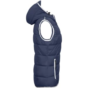 A navy ladies' vest with a hood and white trim, featuring a zip and side pockets. It has a puffy design.