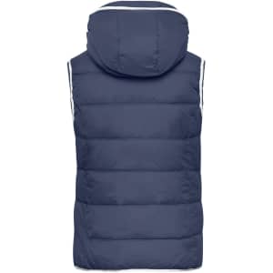 A navy blue ladies' maritime vest featuring a hood and padded design, with a logo on the back.