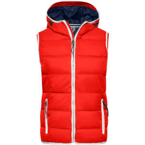 A red padded vest with a hood, featuring a navy lining and two zippered front pockets. It has a logo on the design.