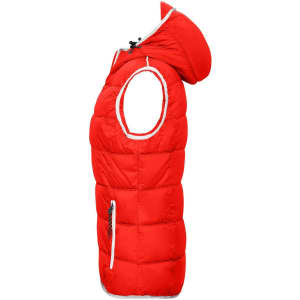 A red padded vest with a hood, featuring no sleeves and side pockets, also has a logo.