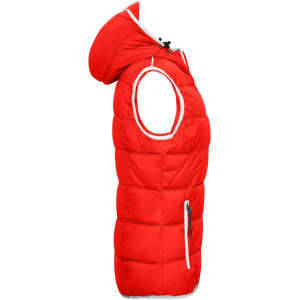 A red padded vest with a hood and side pockets, featuring a logo on the front.