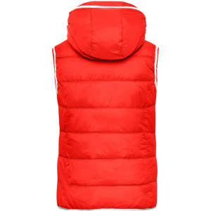 A red padded vest with a hood, featuring white detailing and without sleeves. It has a logo on the back.