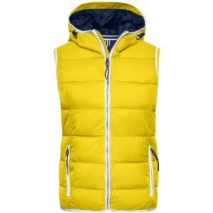 A yellow padded vest with a navy hood, featuring zip pockets and a front zip closure. It has a logo on it.