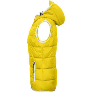 A yellow hooded vest featuring a quilted design with an interior pocket and a branding logo.