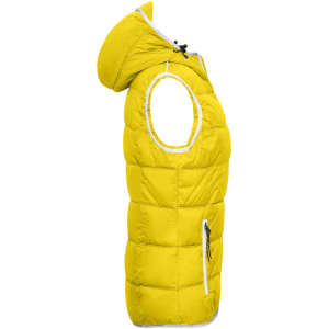 A yellow padded vest with a hood, featuring a side view and white trim along the edges.
