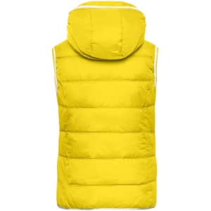 A yellow hooded vest with a puffy design, featuring a back view and no sleeves, along with a logo.