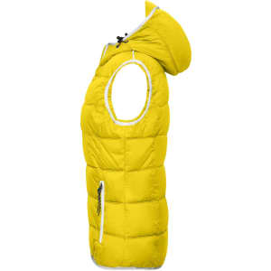 A vibrant yellow ladies' maritime vest with a hood and side pockets, featuring a logo on the front.