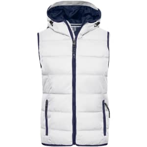 A white and navy vest with a hood, featuring a zip front and side pockets. It has a logo on the design.