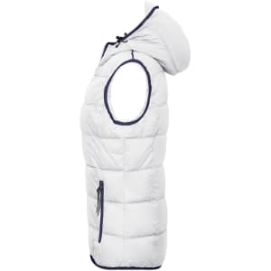 A white padded ladies' vest with a hood, featuring navy trim and side zip pockets.