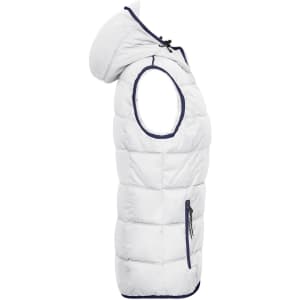 A white padded ladies vest with a hood, featuring a zip pocket and contrasting navy trim.
