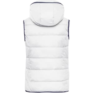 A white ladies' vest with a hood and horizontal quilted design, featuring a branding logo.