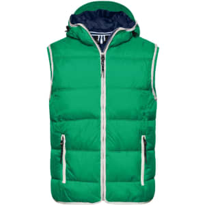 A green padded men's vest with a navy hood, featuring zippered pockets and a logo on the chest.