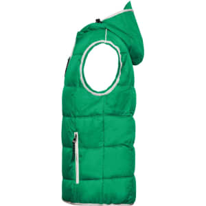 A green padded vest featuring a hood and zippered pockets, with a logo on the front.