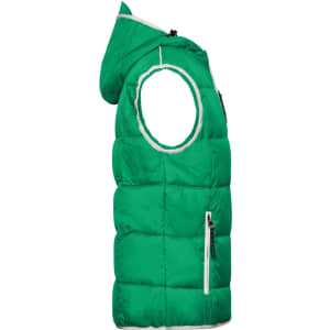 A green padded men's vest with a hood, featuring a zippered pocket and contrasting trim. It has a logo on it.