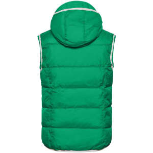 A green padded men's vest with a hood and reflective detailing on the edges. Features a logo.