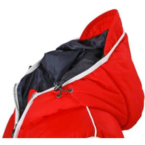 A red vest featuring a black inner lining and a high collar, showcasing a zippered opening and a logo.
