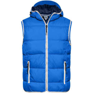 A blue padded vest with a hood, featuring zippered front and side pockets, and contrasting white trims.