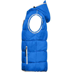 A blue puffer vest with a hood, featuring a single armhole and a zippered pocket. It has a logo on the front.