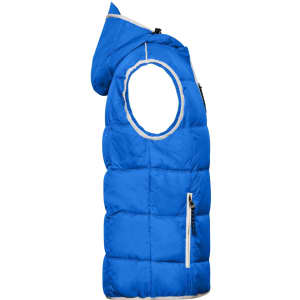 A blue padded vest with a hood, featuring an armhole and a front zip pocket. It has a branded logo.