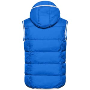 A blue men's vest with a hood and a quilted design, featuring a logo on the back.
