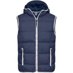 A navy puffer vest with a hood, featuring two zippered side pockets and contrasting white trim.