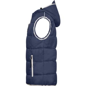 A navy blue men's maritime vest with a hood, featuring a zippered front and side pockets. It has a logo on it.