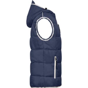 A navy men's vest with a hood, featuring puffy construction and zippered pockets. It includes a logo on the chest.