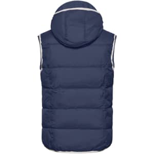 A navy blue men's vest with a hood, featuring a puffy design and a logo.