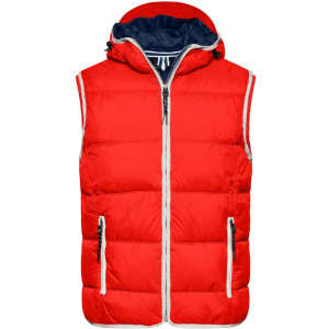 A bright red padded vest with a navy hood, featuring zippered pockets and a front zip closure.