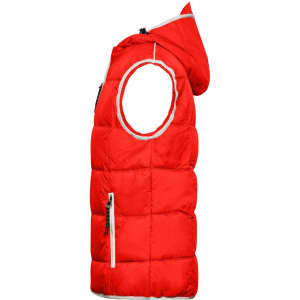 A red men's vest with a hood, featuring a puffy design and front zip pockets. It has a logo on it.
