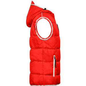 A red padded vest with a hood, featuring a zippered pocket and contrast detailing. It has an armhole cutout.