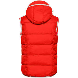 A red padded vest with a hood, featuring a logo and a sleeveless design.