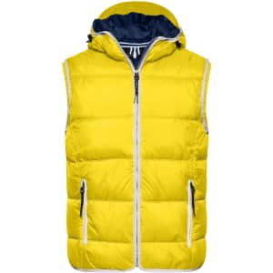 A yellow padded men's vest with a hood, featuring a zip front and two side pockets. It has a contrasting navy lining.