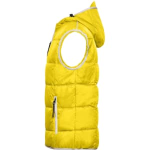 A bright yellow men's maritime vest with a hood, featuring a zippered pocket and a logo.