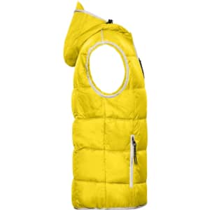 A yellow padded men's vest with a hood and a zippered pocket, featuring a logo on the chest.